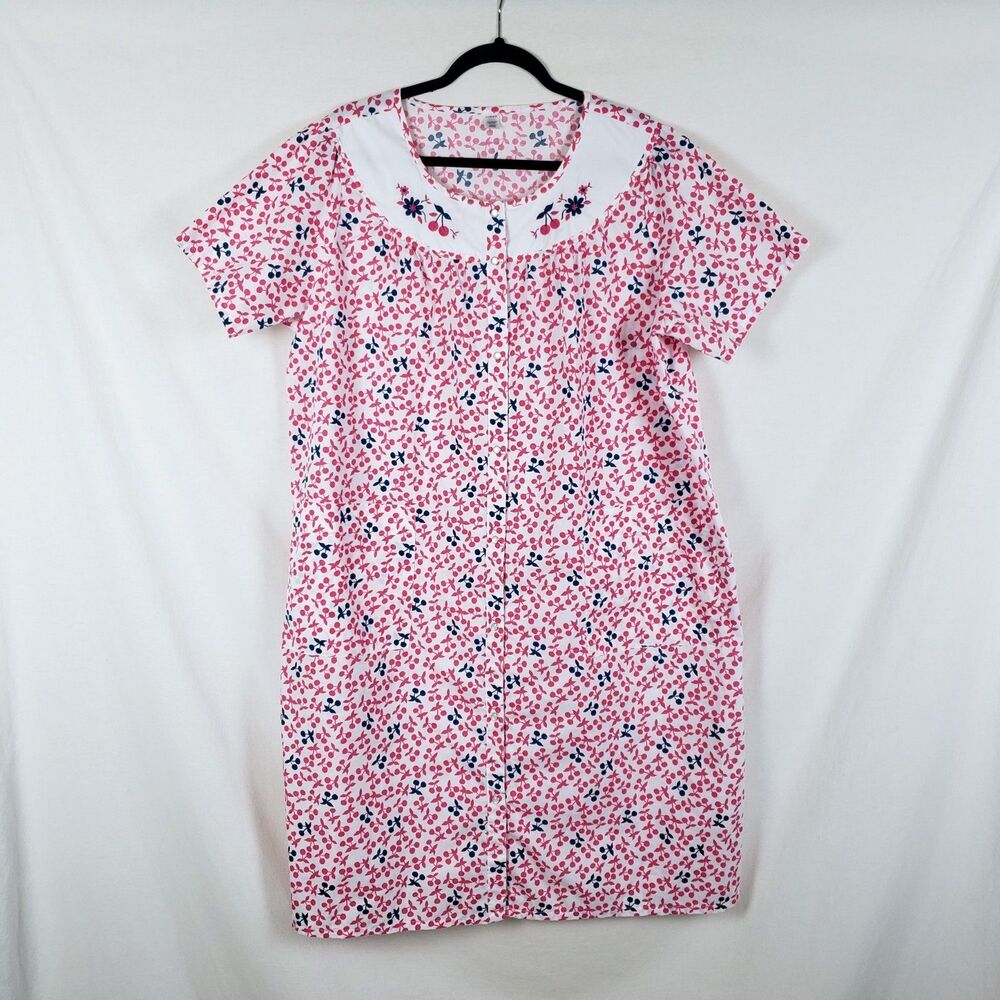 Pink K Cherry Print Snap Front House Dress Womens L Poly-Cotton Lounge Retro